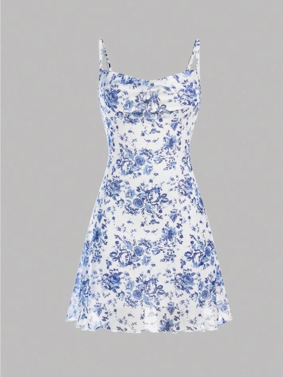 SHEIN Other - Elegant Spaghetti Strap Dress With Floral Print And Mesh Overlay For Summer